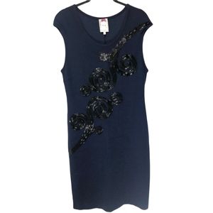 Yoana Baraschi Beaded Dress Navy Black  Cocktail Scoop Neck Cap Sleeve Large